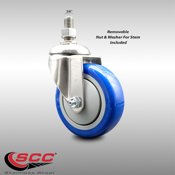 4 Inch 316SS Blue Polyurethane Wheel Swivel 3/8 Inch Threaded Stem Caster SCC